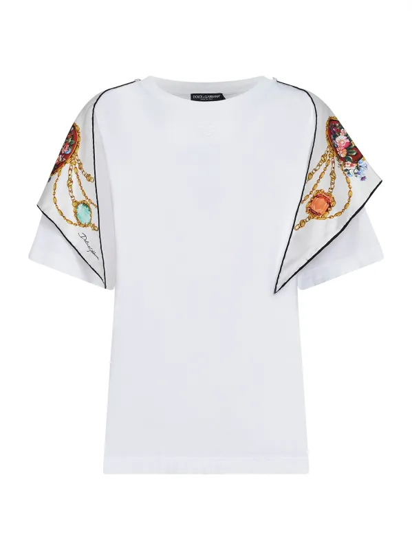 White Jersey T-Shirt with Printed Silk Scarf made by Dolce & Gabanna