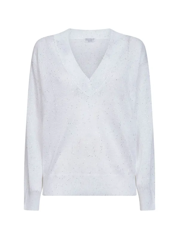 White Sequin Linen and Cotton V-neck Sweater made by Brunello Cucinelli