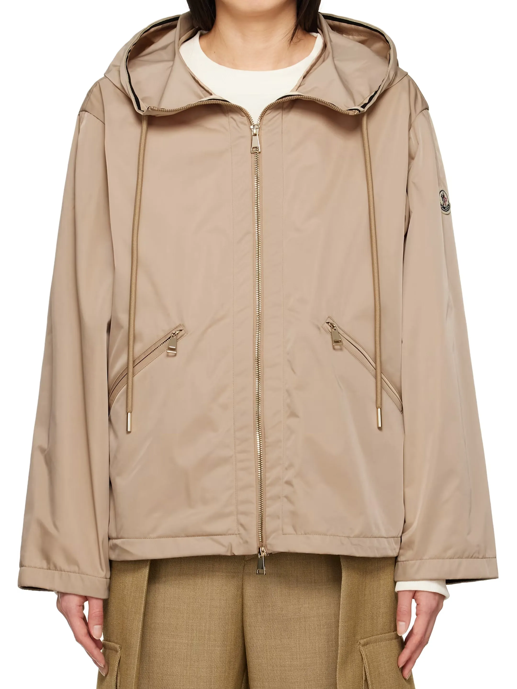 BEIGE DRAWSTRING HOODED LOGO JACKET sold by Lord & Taylor