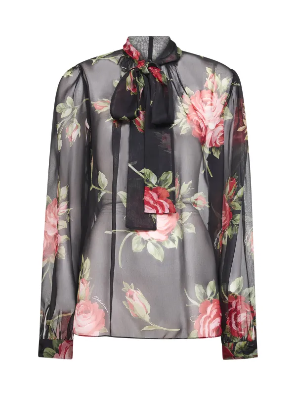 Black Rose Bouquet-Print Silk Chiffon Top made by Dolce & Gabanna