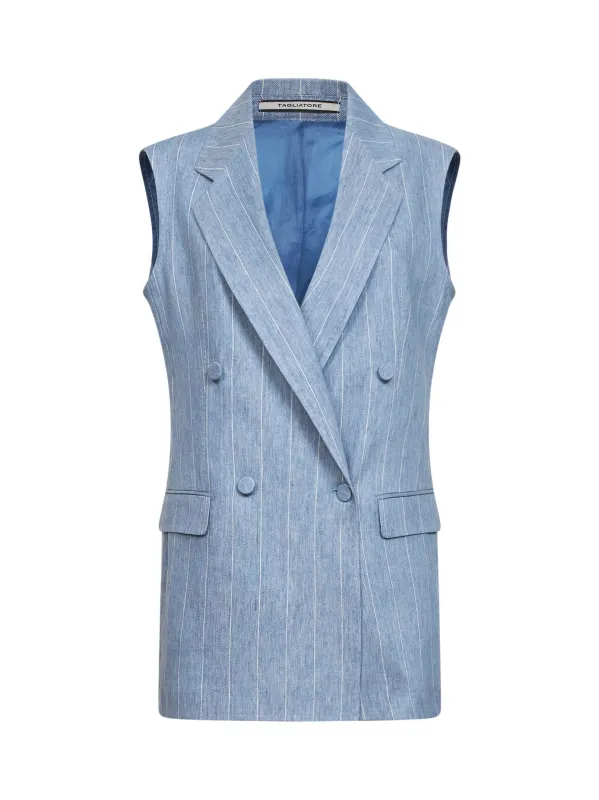 Sleeveless Blazer Light Blue Linen made by Tagliatore