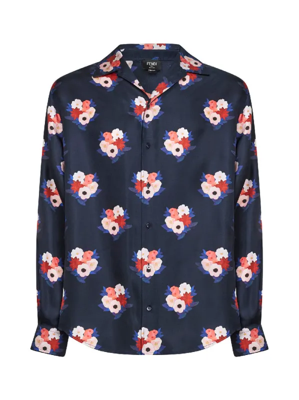 Shirt Dark Blue Silk Print made by Fendi