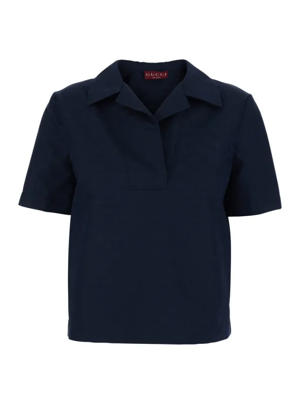 Blouse with Wide Collar, Blue Cotton-Blend made by Gucci