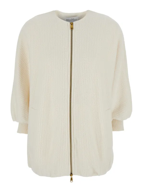 White Crewneck Knit Jacket with Logo Patch made by MaxMara