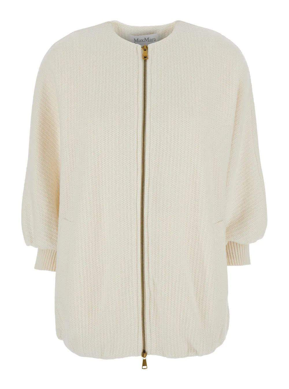White Crewneck Knit Jacket with Logo Patch sold by Lord & Taylor