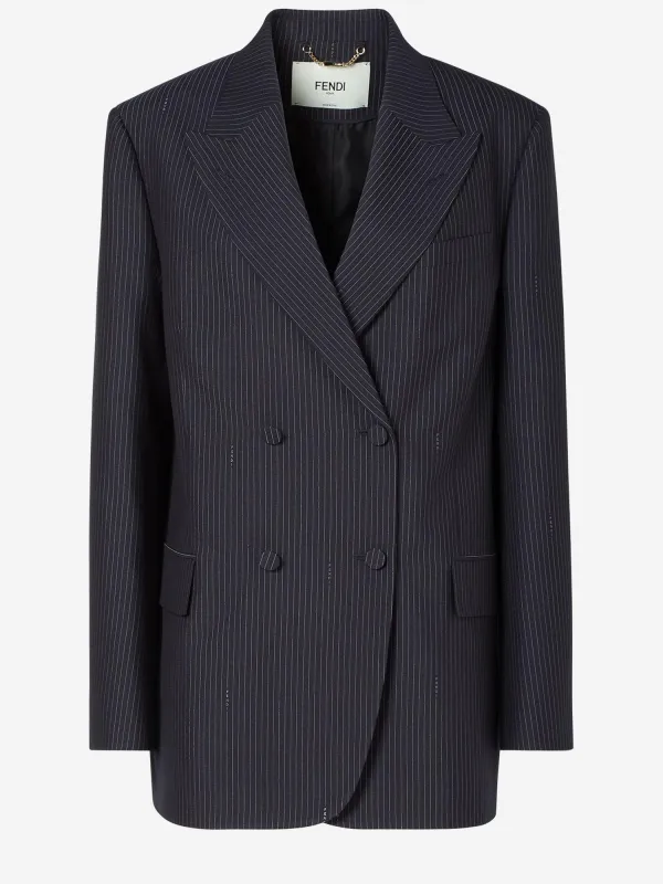 Wool Blazer Jacket Plaid Navy Blue made by Fendi
