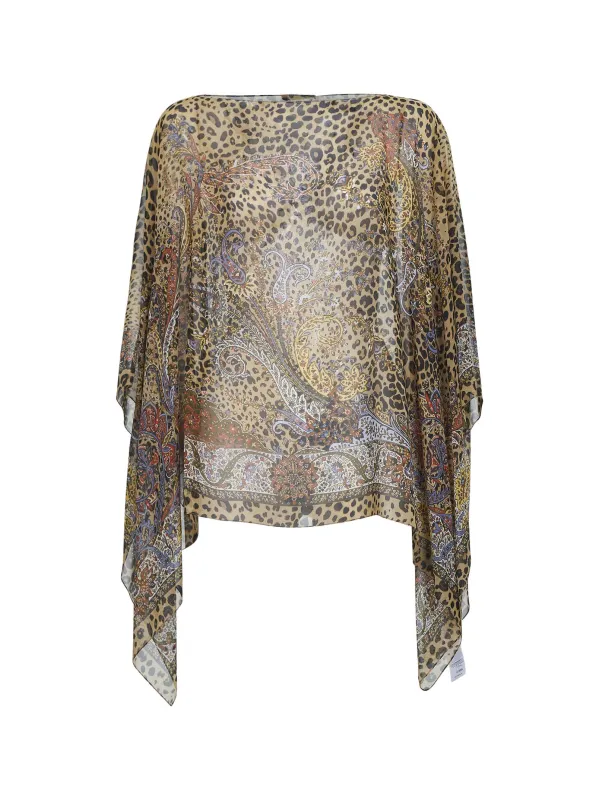 Brown Animalier Paisley-Pattern Silk Poncho Top made by Etro