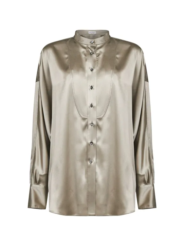 Green Stretch Silk Satin Shirt made by Brunello Cucinelli