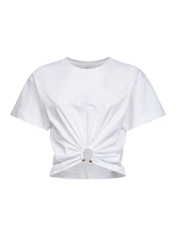 White Cotton Cropped T-Shirt with Piercing made by Rabanne
