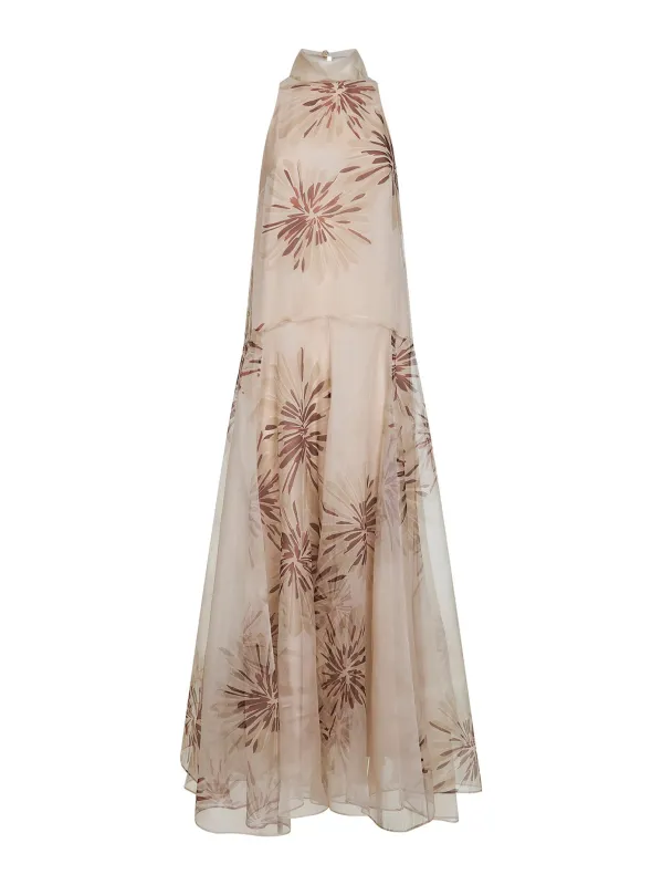 Dress Bloom Print Silk Organza Beige made by Brunello Cucinelli
