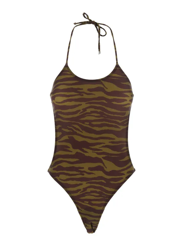 Green Halterneck Swimsuit with All-Over Print made by The Attico