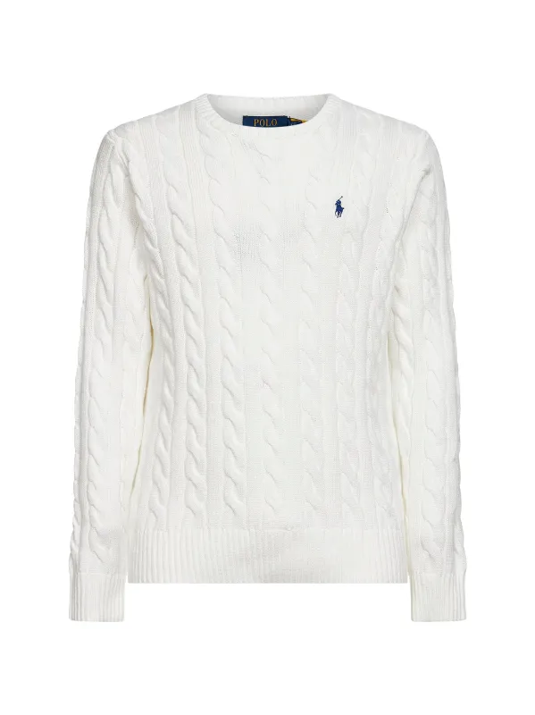 White Cable Knit Cotton Crewneck Sweater made by Polo by Ralph Lauren