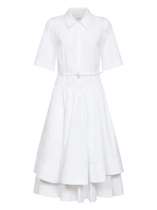 White Cotton Poplin Belted Midi Dress made by CO