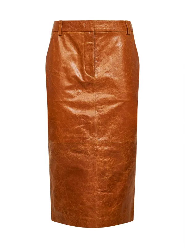 Cognac Leather Tailored Pencil Skirt made by CO