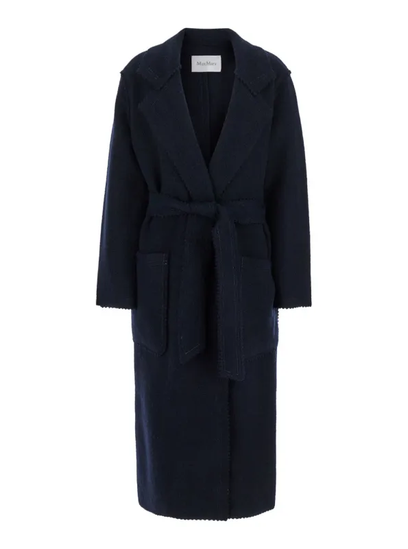 Long Blue Coat with Belt in Wool and Cashmere made by MaxMara