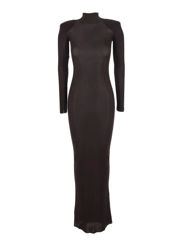 Brown Turtleneck Long Dress with Shoulder Pads made by Self-Portrait