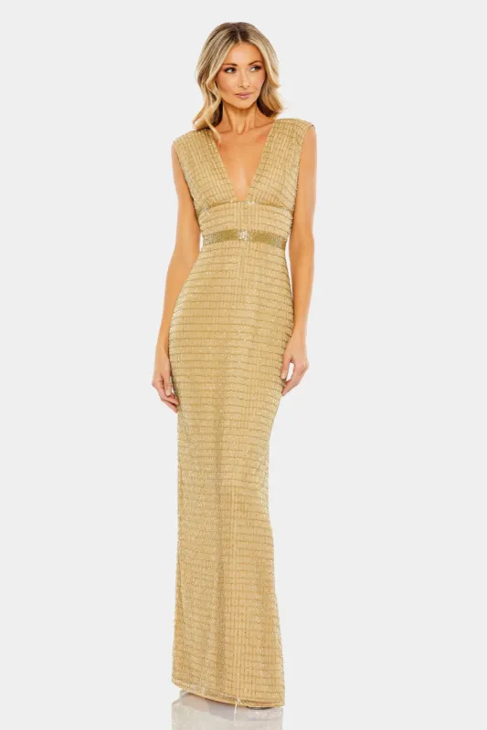 Beaded Cap Sleeve V Neck Column Gown sold by Lord & Taylor