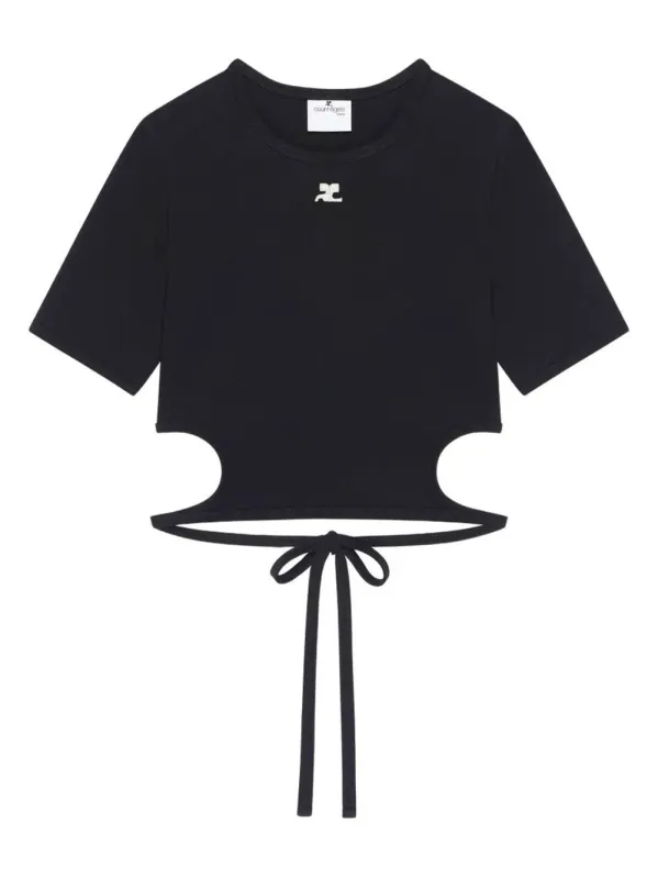 RIBBON CUT OUT BLACK COTTON T-SHIRT made by Courreges