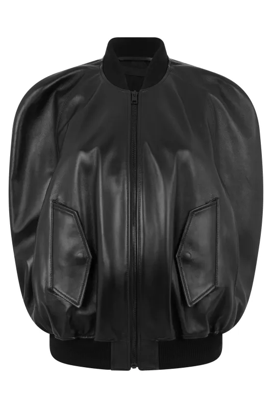 BLACK LEATHER BOMBER JACKET made by Balenciaga