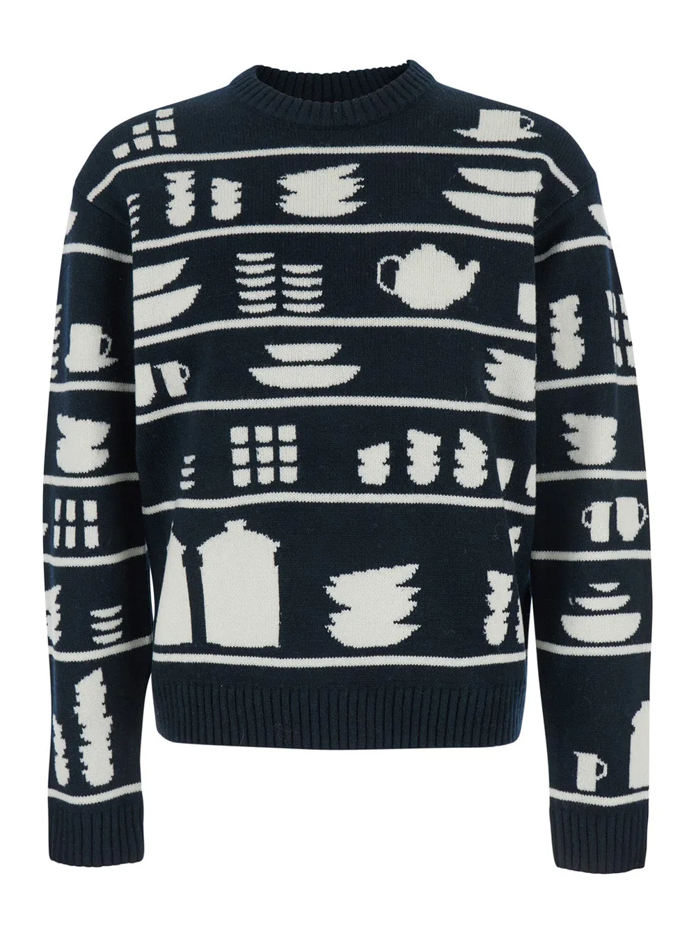 Black and White Crewneck Sweater with Tableware Motif sold by Lord & Taylor