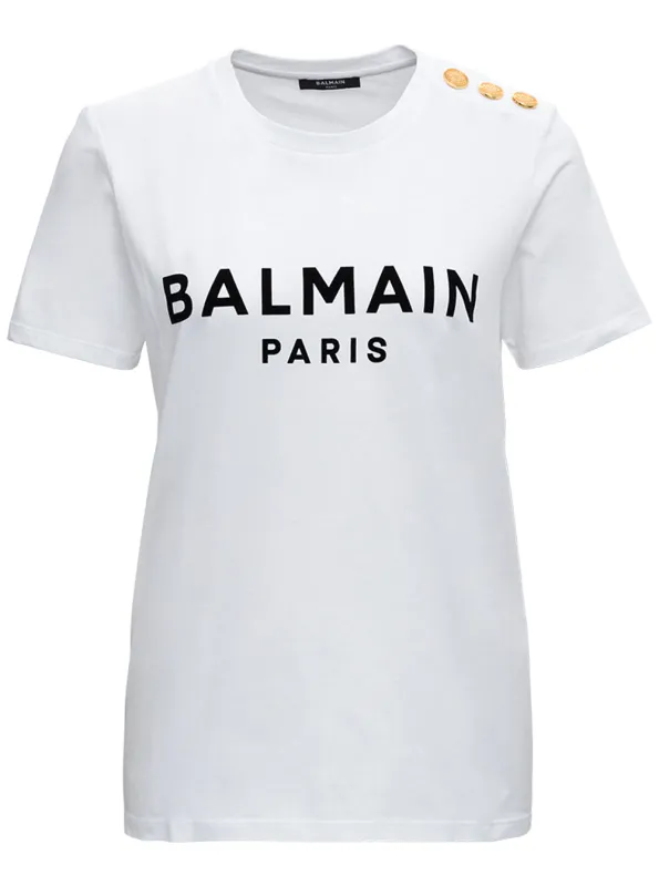 White Crewneck T-Shirt with Logo and Buttons made by Balmain