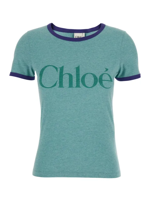 Green Crewneck T-Shirt with Logo Print made by Chloe