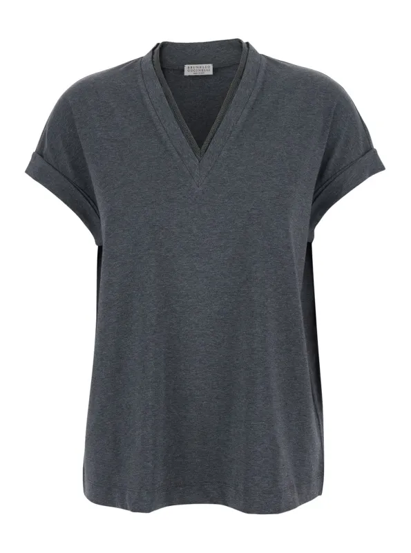 V-Neck T-Shirt Grey Cotton made by Brunello Cucinelli