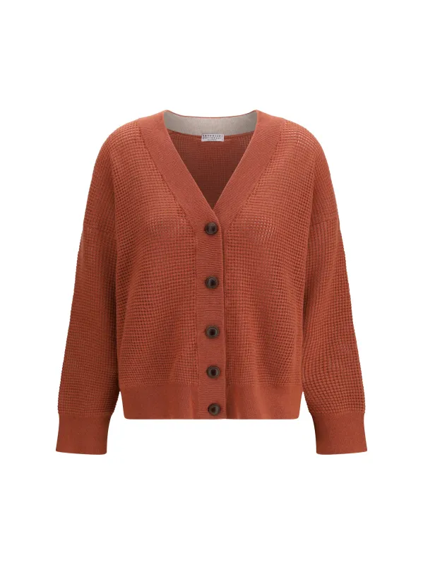Cardigan V-neck Cashmere Orange Flame/Oyster made by Brunello Cucinelli