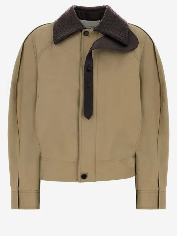 Jacket with Leather Collar, Cotton Beige made by Bottega Veneta