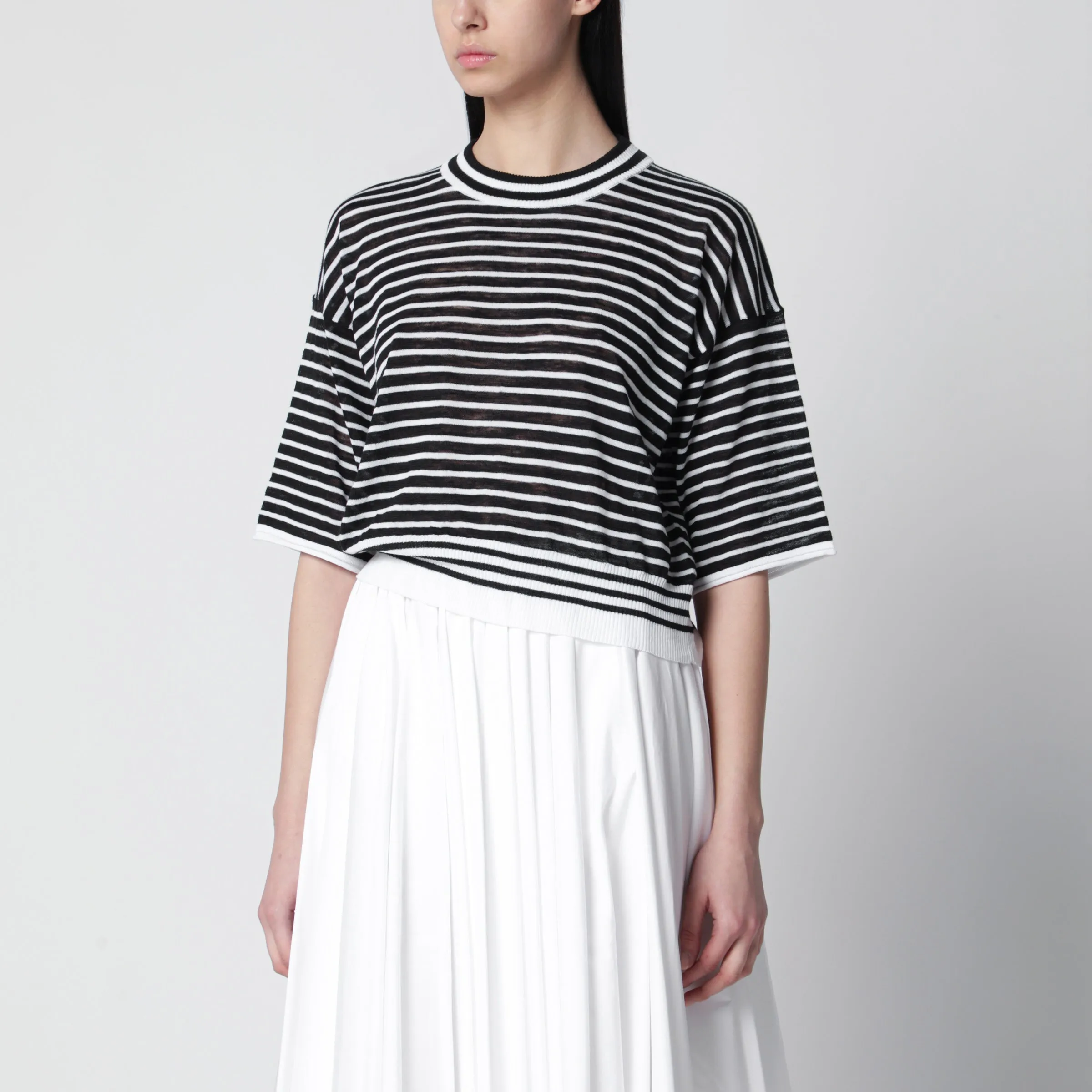 BLACK/WHITE STRIPED COTTONBLEND SWEATER sold by Lord & Taylor