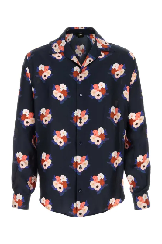 DARK BLUE SATIN SHIRT WITH FLORAL PRINT made by Fendi