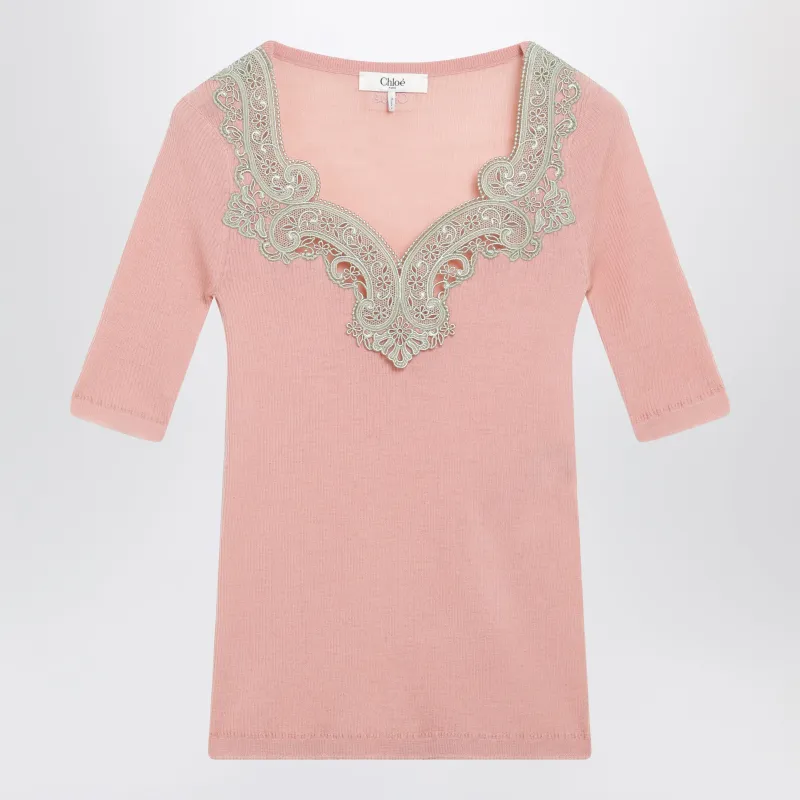 FITTED ELBOWSLEEVE RIBBED WOOL SWEATER WITH LACE TRIM IN PINK made by Chloe