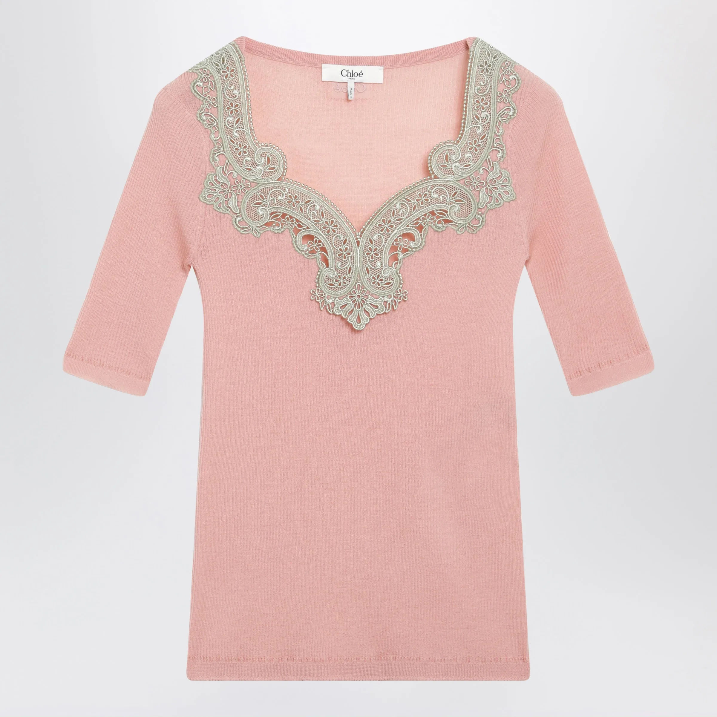 FITTED ELBOWSLEEVE RIBBED WOOL SWEATER WITH LACE TRIM IN PINK sold by Lord & Taylor