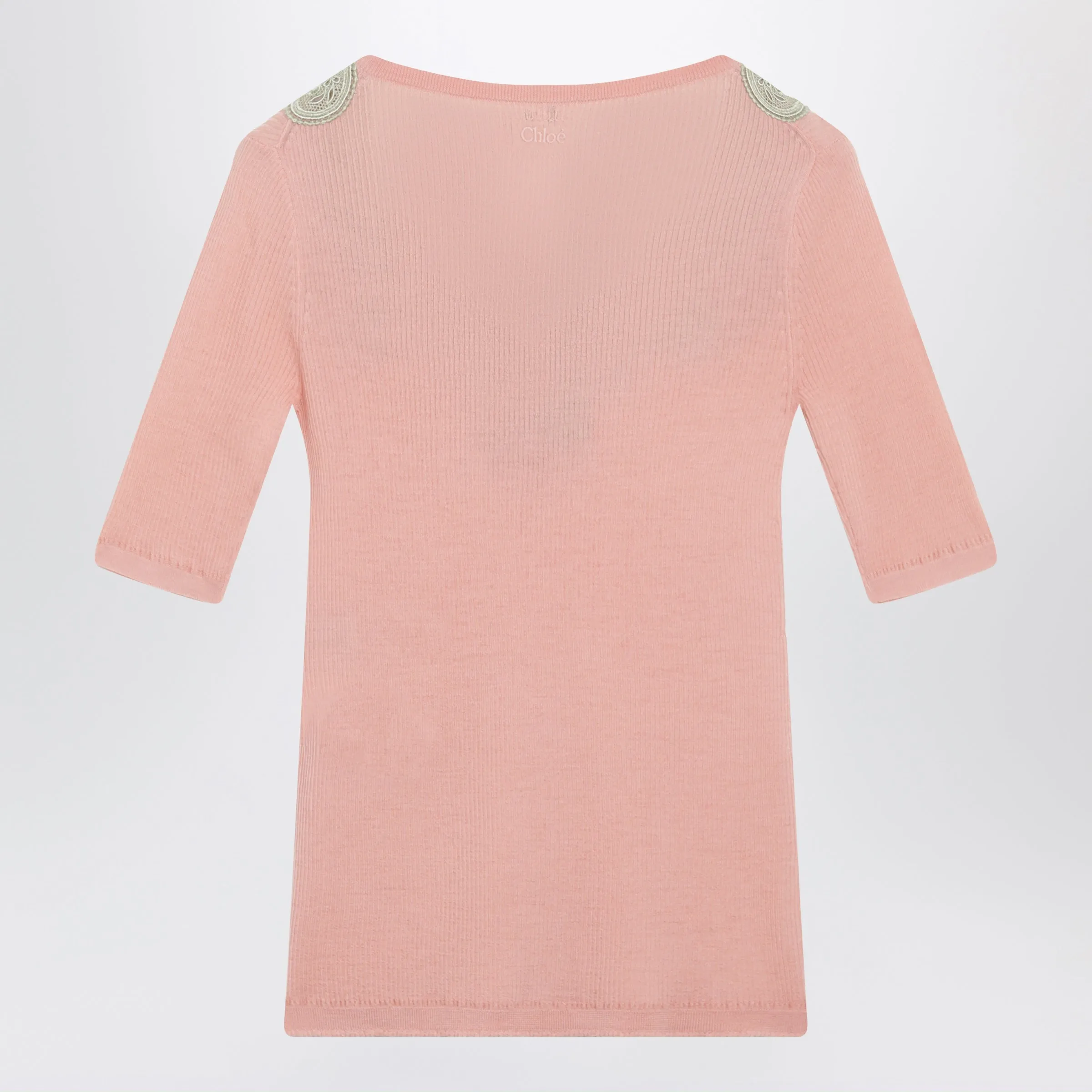 FITTED ELBOWSLEEVE RIBBED WOOL SWEATER WITH LACE TRIM IN PINK sold by Lord & Taylor product image thumbnail 2