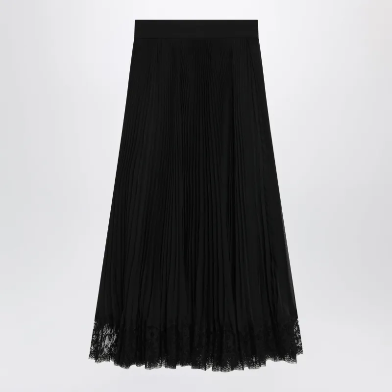 PLEATED SILK GEORGETTE MIDI SKIRT WITH LACE, BLACK made by Dolce & Gabanna