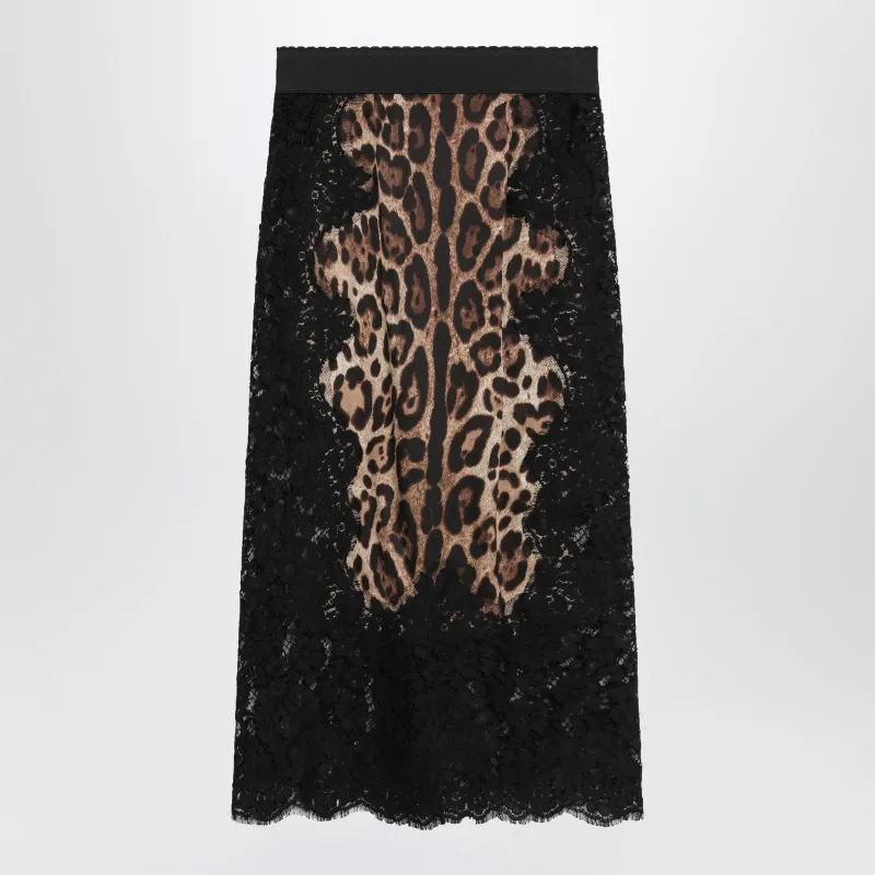 MIDI LEOPARDPRINT SATIN SKIRT WITH LACE INSERTS made by Dolce & Gabanna