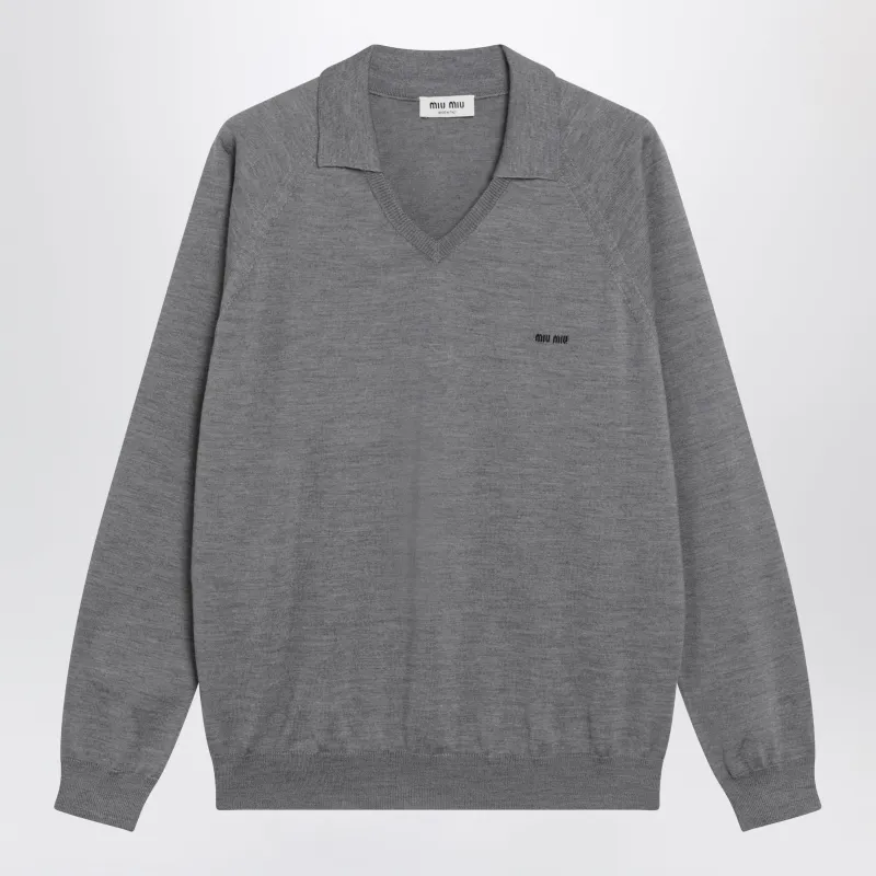 GREY WOOL POLO SWEATER WITH INTARSIA LOGO made by Miu Miu