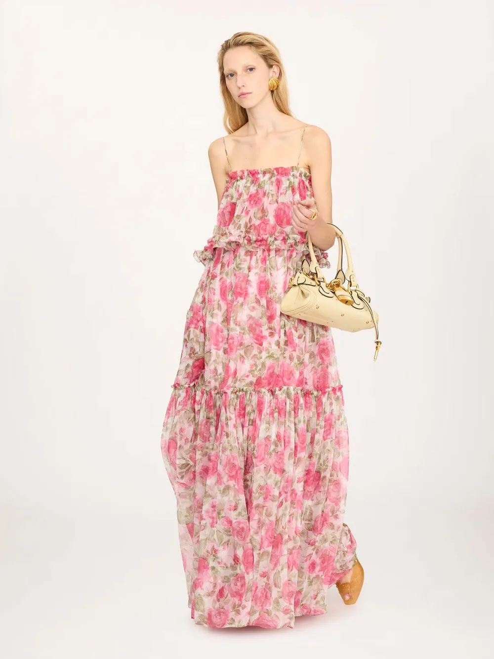 LONG SILK MUSLIN DRESS WITH ROSE PRINT, WHITE/PINK sold by Lord & Taylor product image thumbnail 2