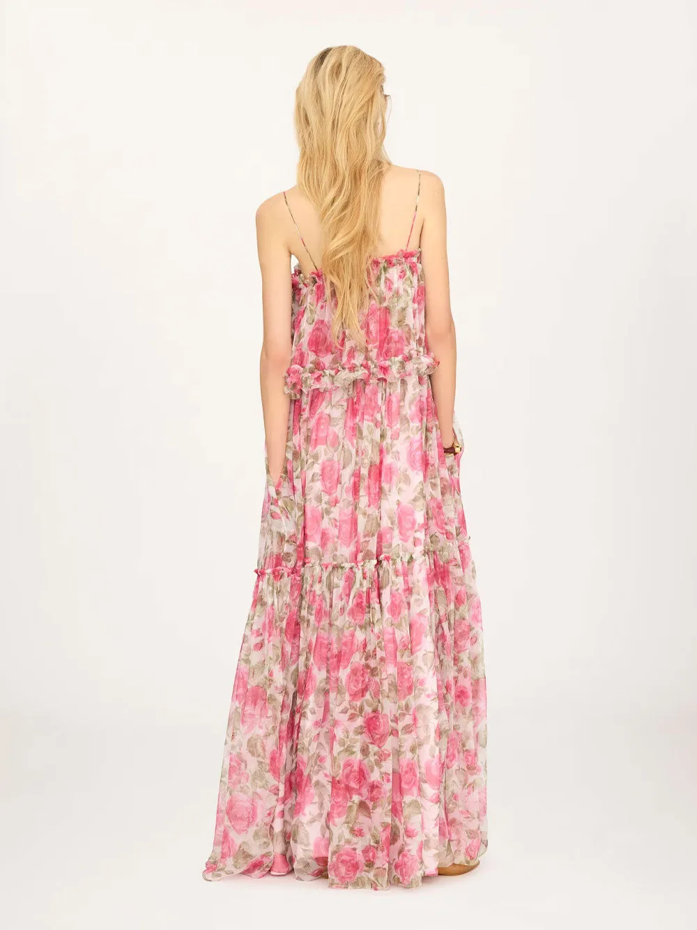 LONG SILK MUSLIN DRESS WITH ROSE PRINT, WHITE/PINK sold by Lord & Taylor product image thumbnail 3