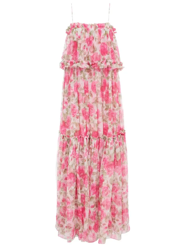 LONG SILK MUSLIN DRESS WITH ROSE PRINT, WHITE/PINK made by Chloe