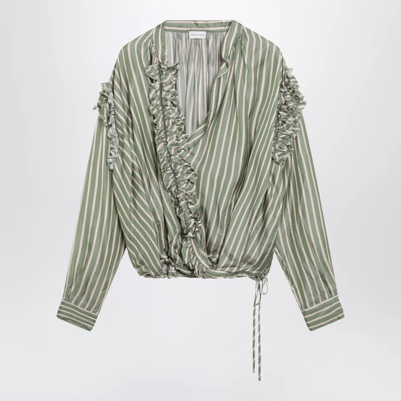 GREEN STRIPED WRAP SHIRT IN CUPRO made by Dries Van Noten