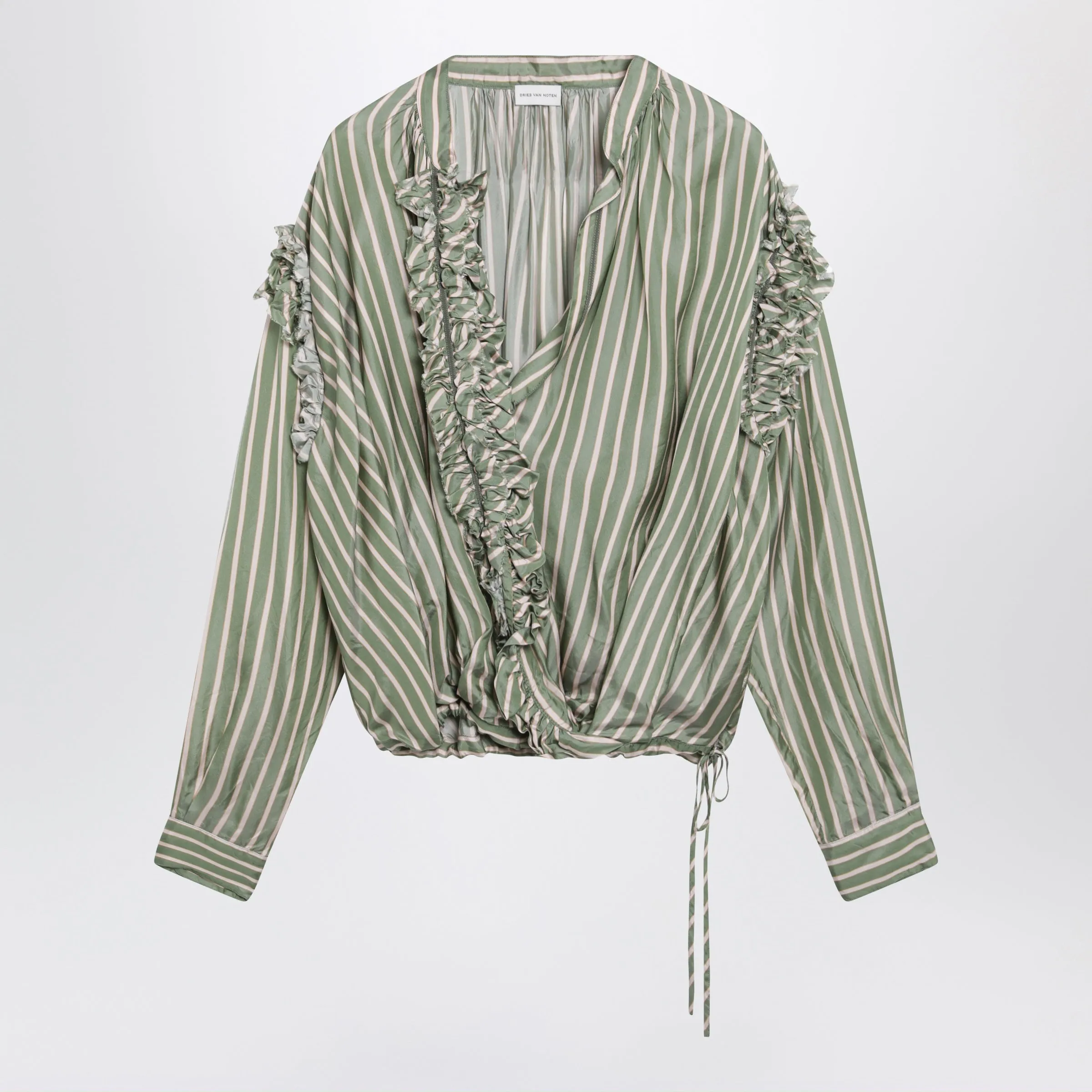 GREEN STRIPED WRAP SHIRT IN CUPRO sold by Lord & Taylor