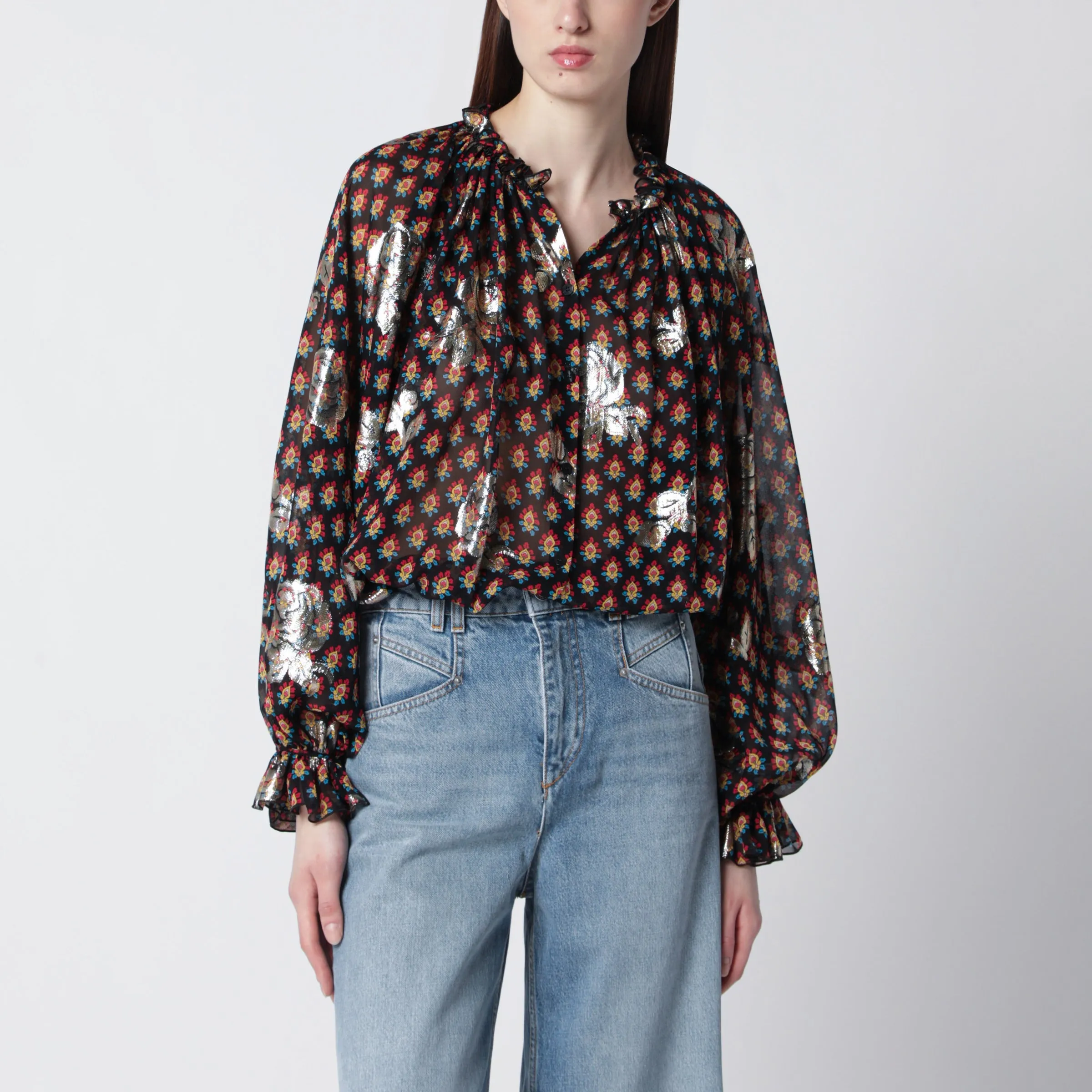 BLACK SILK SHIRT WITH FIL COUPé ROSES sold by Lord & Taylor