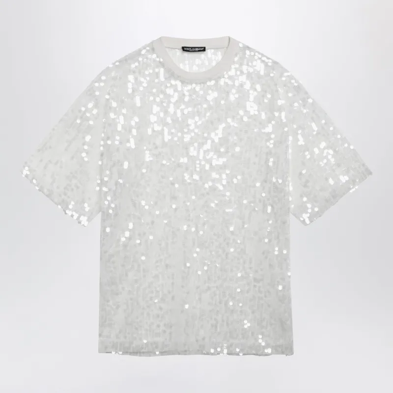 CREWNECK SEQUIN TSHIRT IN POLYAMIDE, OPTICAL WHITE made by Dolce & Gabanna