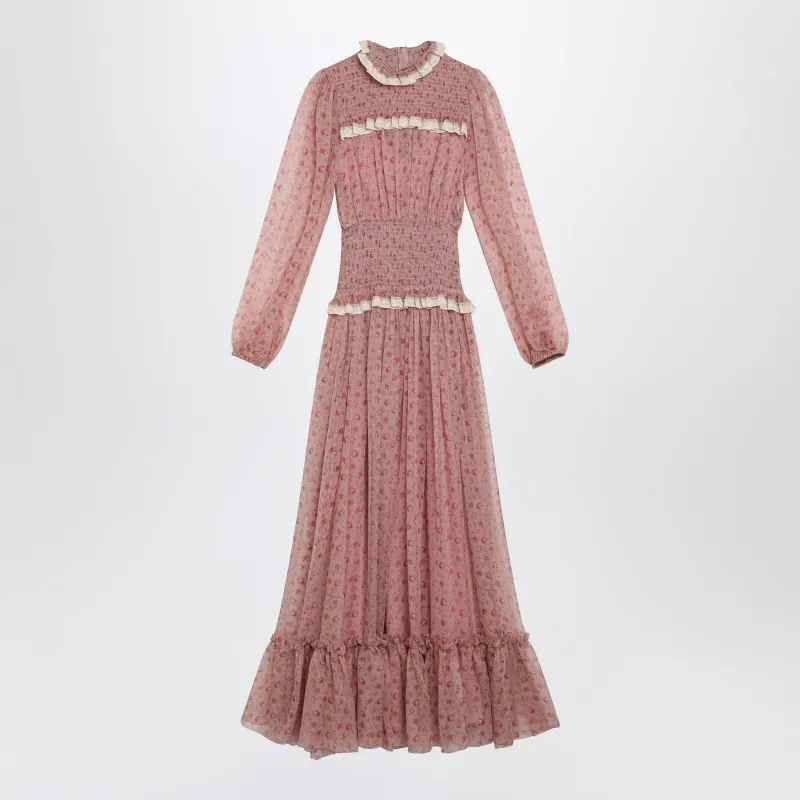 LONG ROSELLINE SILK CHIFFON DRESS WITH ROSE PRINT, PINK made by Dolce & Gabanna