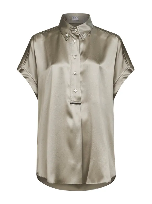 Green Stretch Satin Monili Shirt made by Brunello Cucinelli