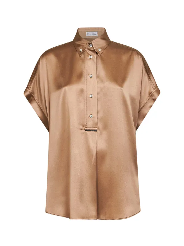 Beige Stretch Satin Monili Shirt made by Brunello Cucinelli