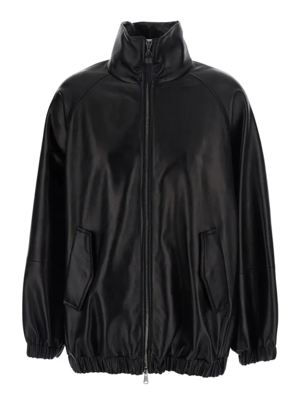 Jacket High-Collar Leather Black made by Brunello Cucinelli