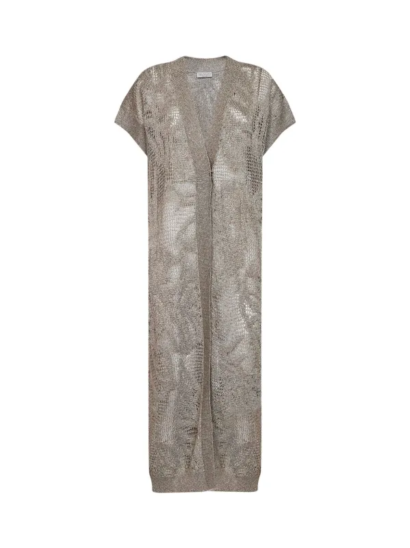 Long Cardigan Dazzling Water Lillies Mud Linen made by Brunello Cucinelli
