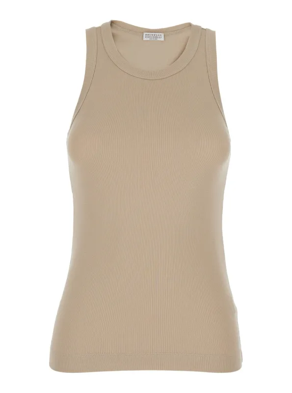 Crew Neck Sleeveless Top Beige made by Brunello Cucinelli